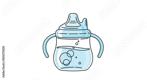 Simple and cute cartoon illustration of a blue baby sippy cup with handles, partially filled with water and showing little air bubbles.
