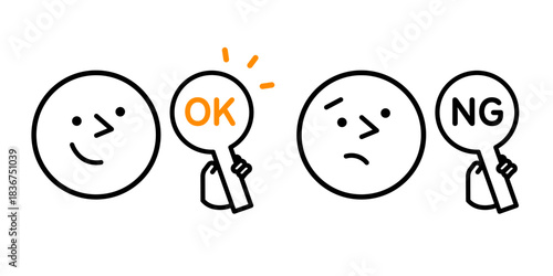 OKと書かれた札を持つ手と笑顔のマーク、NGと書かれた札を持つ手と残念な顔のマーク