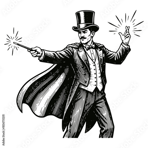 Vintage magician or conjurer in a top hat and tailcoat casting a spell with a wand and crossed fingers. Black and white vector engraving for magic, illusions, theatre, and performance themes.