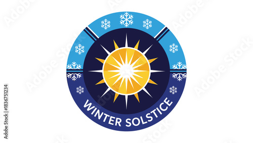 Winter Solstice Emblem with Shining Sun and Snowflake Elements
