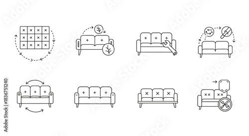 sofa repair and maintenance line icons depicting furniture restoration and upholstery cleaning service for advertising furniture care tips