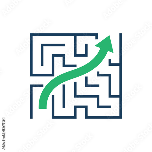 Solving the maze Green arrow navigating a complex maze symbolizing problem-solving strategy challenge and success perfect for business presentations.