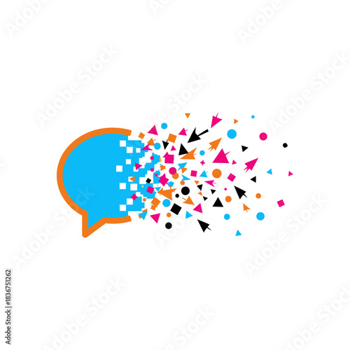 Speech bubble dissolving into digital particles illustrating data communication cloud computing and tech disruption for blogs presentations  web design