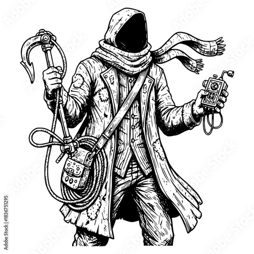 Gritty black and white vector of a mysterious hooded steampunk explorer in a trench coat, holding a grappling hook and vintage gauge. Perfect for adventure, retro-futurism, and sci-fi themes.