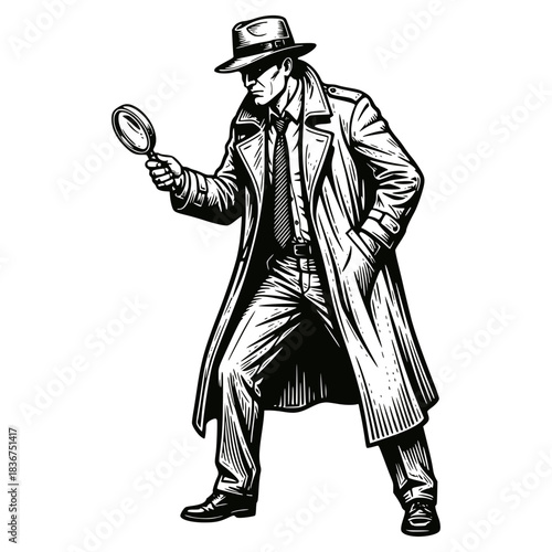 Vintage detective in a trench coat and fedora, holding a magnifying glass. Monochromatic vector illustration in a classic film noir style for mystery, investigation, and private eye themes.