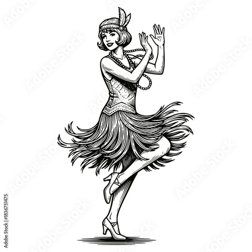 Black and white vector engraving of a dancing flapper girl in a fringe dress and headband, epitomizing the Roaring Twenties jazz age and vintage retro party style.
