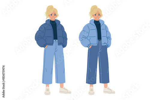 Winter fashion woman standing on white background wearing warm coat hat sweater leggings boots and bag modern cold season outfit character illustration for design use.