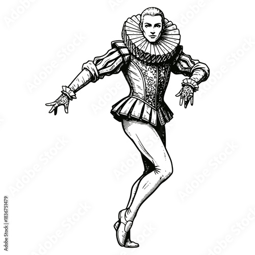Vintage engraving of an elegant Elizabethan-era courtier or actor in elaborate period clothing, featuring a large ruff collar and padded doublet. Ideal for historical, theater, ballet, renaissance, an