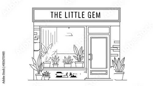 Cute Small Business Storefront Vector Illustration of Local Boutique Shop with Plants and Window Display