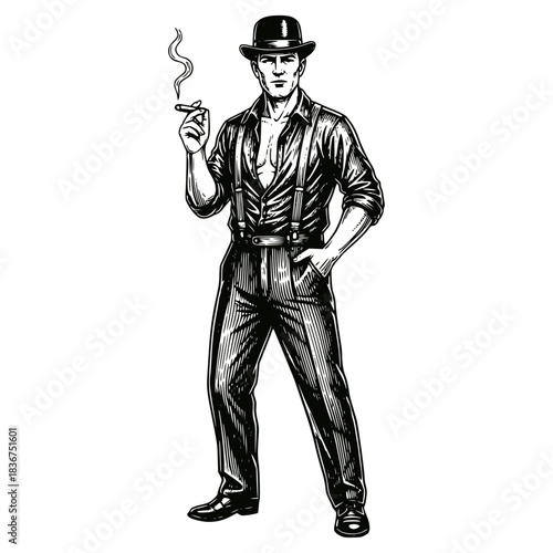 Gritty ink illustration of a determined 1930s-style gangster or mobster in a fedora, suspenders, and an unbuttoned shirt, holding a smoking cigar. Crime, prohibition, and retro style.