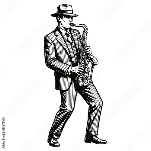 Vintage ink drawing of a jazz musician playing a saxophone, dressed in a classic 1920s or 1930s suit and fedora. Captures the energy of swing, speakeasy, and retro music.