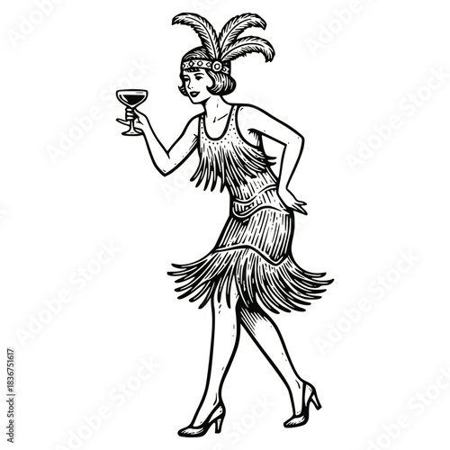 Vintage ink drawing of a beautiful, celebrating 1920s flapper dancer in a fringed dress and feathered headband, holding a coupe glass of champagne or cocktail in a toast.