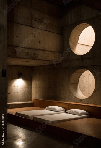 Minimalist concrete interior with two beds, circular windows, and warm ambient lighting