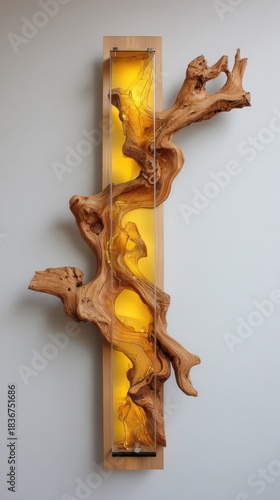 Wooden sculpture with organic driftwood, backlit, mounted on a light-toned wall
