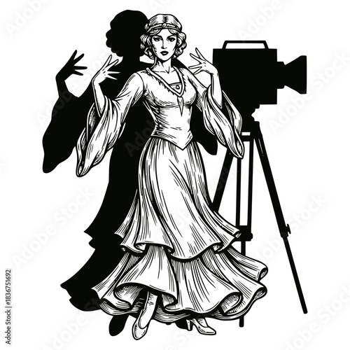 Vintage ink drawing of a beautiful 1920s or 1930s actress or dancer posing dramatically with a long flowing dress and a classic, large-format movie film camera on a tripod.