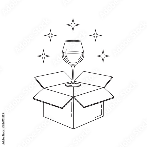 A wine glass appears from an open cardboard box surrounded by stars