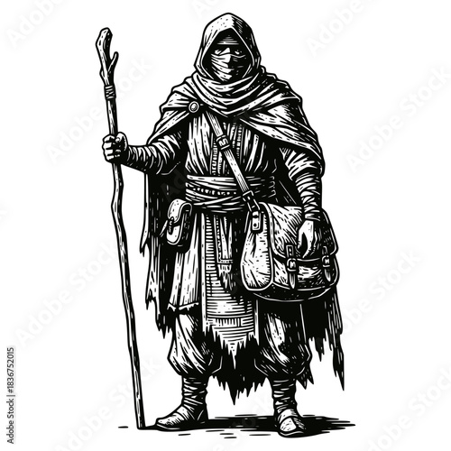 Gritty ink illustration of a mysterious traveler or desert wanderer, fully cloaked and masked, holding a staff. Features a rugged cloak, satchel, and an air of secrecy and adventure.