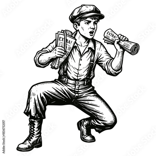 Black and white, highly detailed ink illustration of a classic newsboy in a vintage cap and suspenders, crouching and shouting with newspapers. Retro, historical, and vintage advertising/journalism co
