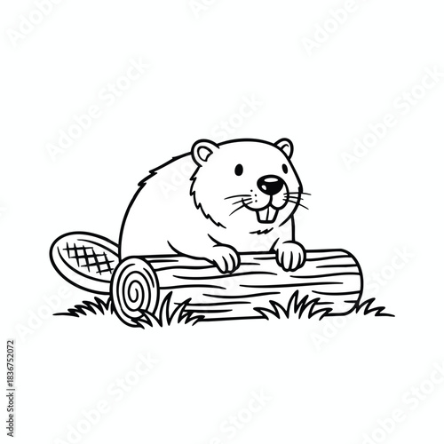 Cartoon Beaver Sitting on Log
