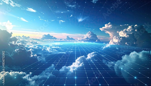 Digital grid and luminous line perspective above clouds, extending towards blue sky