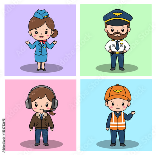 Adorable cartoon illustration featuring a diverse set of airport staff characters, including a stewardess, pilot, ground control, and maintenance worker, all in a colorful and cheerful style.