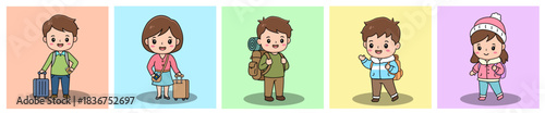 Cute Cartoon Collection of Traveler Characters Ready For Adventure Trip, Adorable collection of cartoon characters in various travel scenarios, perfect for illustrating vacation plans, holiday.