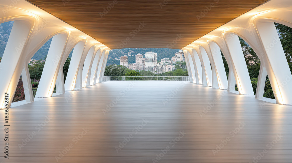 Naklejka premium Modern illuminated pavilion walkway with arched column and city view, serene evening atmosphere