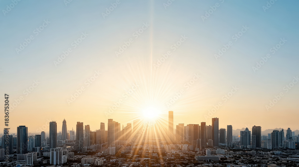 Fototapeta premium Hazy golden skyline glow sunrise over modern city skyline with sunburst