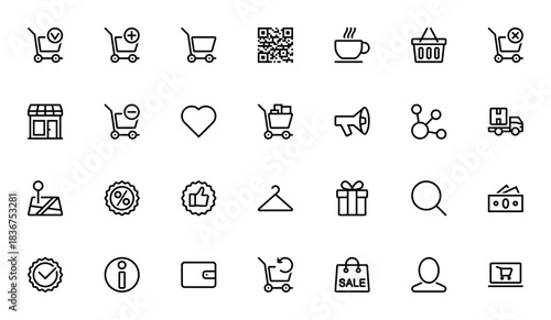 Shopping Line Icons Set. Minimal vector icons pack. eaturing shopping cart, QRcode, delivery truck, gift wallet, online shop and mre. Editable stroke.