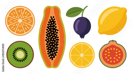 Fresh fruit vector illustration set, healthy tropical and citrus assortment