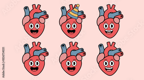 Happy cartoon hearts with various cheerful expressions and a party hat