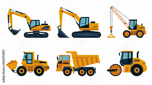 Set of construction vehicles, heavy machinery equipment collection, vector illustration.
