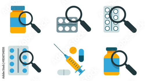 Medical drug research, pharmaceutical quality control, and health examination icons