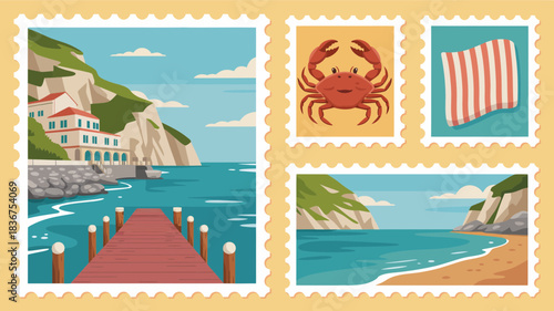 Summer postage stamps, seaside coastal landscapes, crab, beach towel
