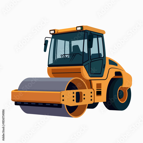 Heavy road roller vector illustration, powerful construction site vehicle
