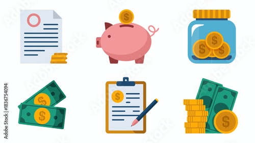 Vector financial icons, money management, saving, banking, and investment