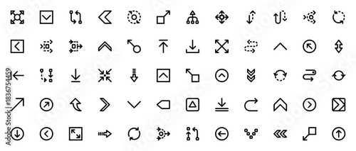 Arrows icon set. Vector line icon collection. Featurng expand, transfer, orbit drag, move, sort, route, ownload, upload, refresh ad more.