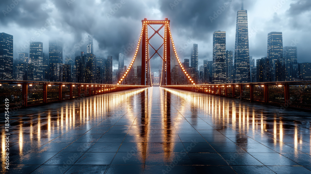 Obraz premium Golden lit suspension bridge at night with wet reflective walkway and moody skyline