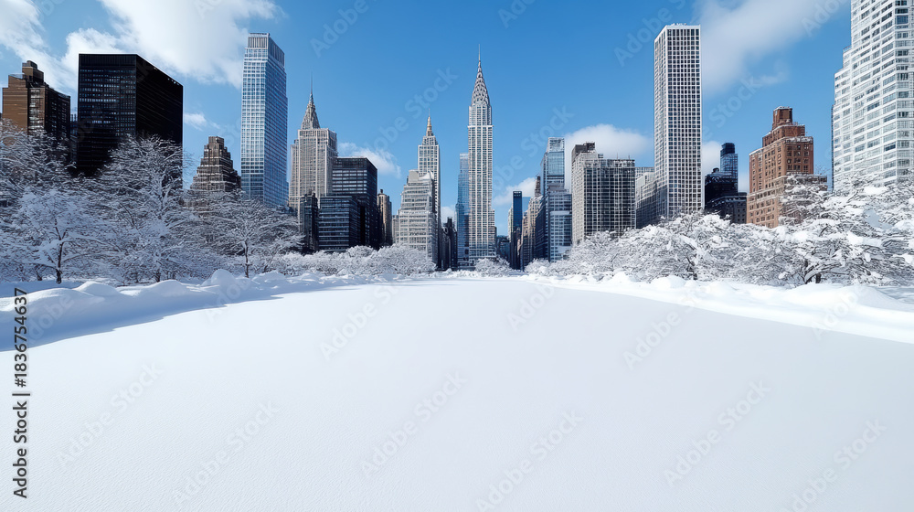 Fototapeta premium Snowy skyline skyline winter snow cityscape skyline empty foreground bright sky