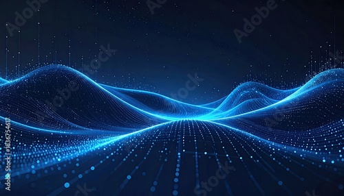 Digital abstraction with flowing lines and glowing blue dots over a dark backdrop
