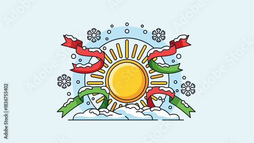 Winter Solstice Sun Symbol with Snowflakes and Festive Ribbons Vector Illustration