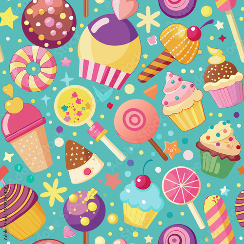 Sweet seamless pattern with colorful cupcakes, lollipops, and candies on a teal background. Fun dessert theme for kids' birthday parties, bakery branding, and festive textile designs.