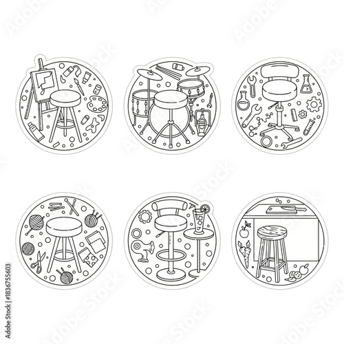 stools depicting hobbies showcasing creative interests artist painting musician playing drums scientist experimenting knitter crafting bartender mixing drinks chef cooking