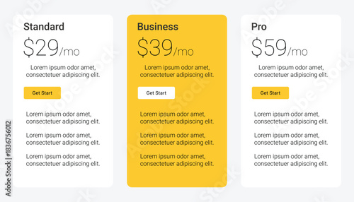 Three Business Pricing Table with Yellow Highlighted Plan