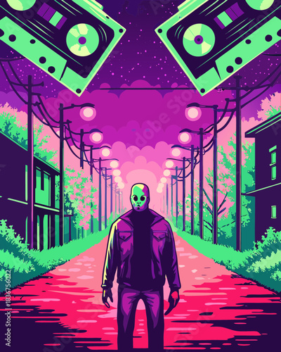 A hooded figure wearing a mask stands on a neon street under a surreal sky with giant cassette tapes. Vaporwave aesthetic illustration with vibrant pink, purple, and teal retro-synthwave colors.