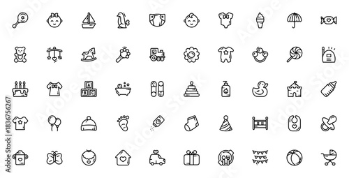 Baby Shower icon set. Vector illustration. Includes ymbols for rattle, teddy bar, stroller, cake, pacifir, gift, balloons, bib andmore. Editable stroke.