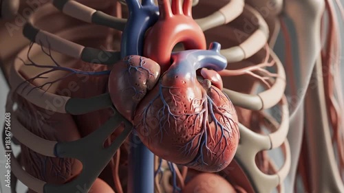 Human heart anatomy, detailed illustration. Heart with ribcage, lungs and blood vessels. Medical 3D rendering. Red and blue colors. Isolated on white background. Cardiac system. Human body. Internal