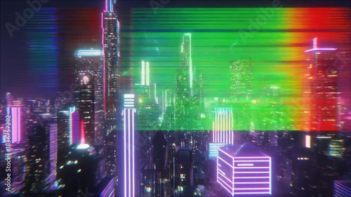 Neon-lit skyscrapers glow against the night sky, creating a vibrant urban landscape with a retro glitch effect