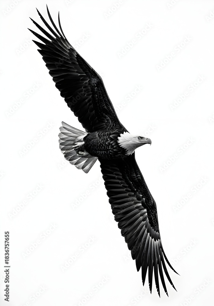 Fototapeta premium Majestic Bald Eagle in Flight with Powerful Wings Monochrome Image Showcasing Strength and Freedom against a Clean White Backdrop