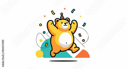 A cheerful yellow cartoon bear wearing a party hat, jumping with arms up amidst colorful confetti and abstract shapes, celebrating joyfully.